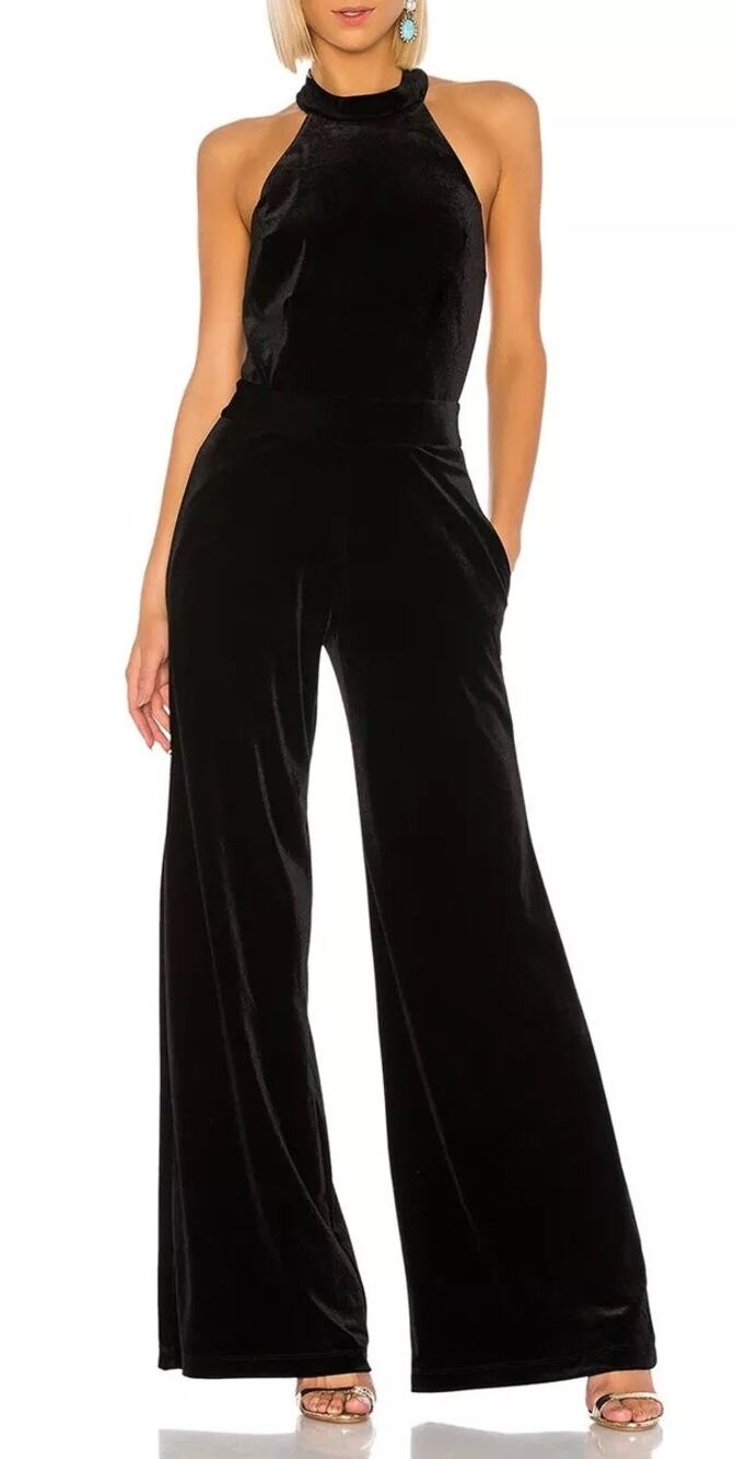 MISA Xander Black Satin Halter Sleeveless Wide Leg One Piece Jumpsuit Size XL